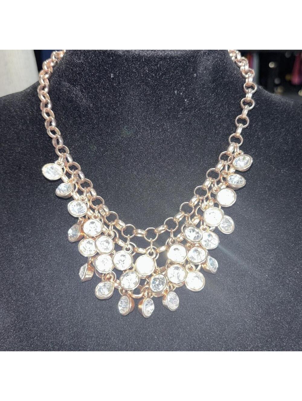 Gold Tone Statement Necklace with Clear Crystal Accents